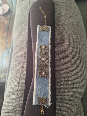 Denim Fringe Statement Bracelet with Antique Gold Accents Handmade
